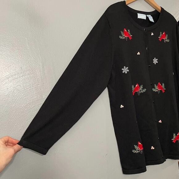 Liz & Me Size 0X Black Embroidered Sequin Red Bird Snowflake Christmas Cardigan - Picture 2 of 10